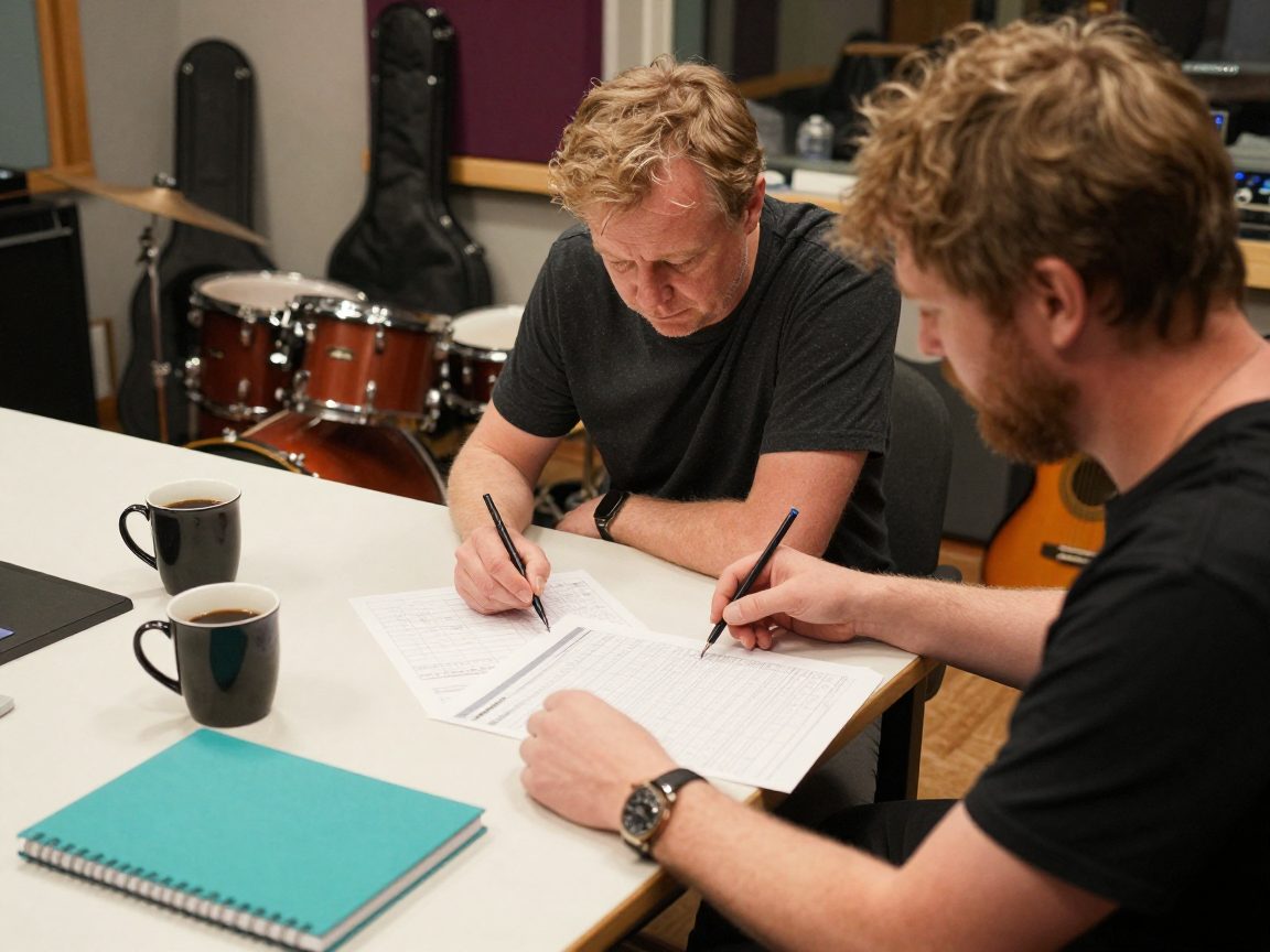 Band bespreekt planning en budget aan een tafel.