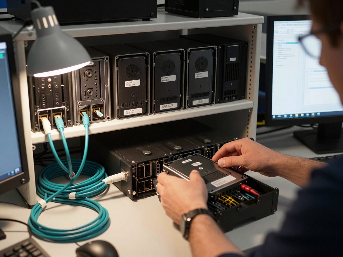 Engineer sorteert drives en interfaces op de plank.