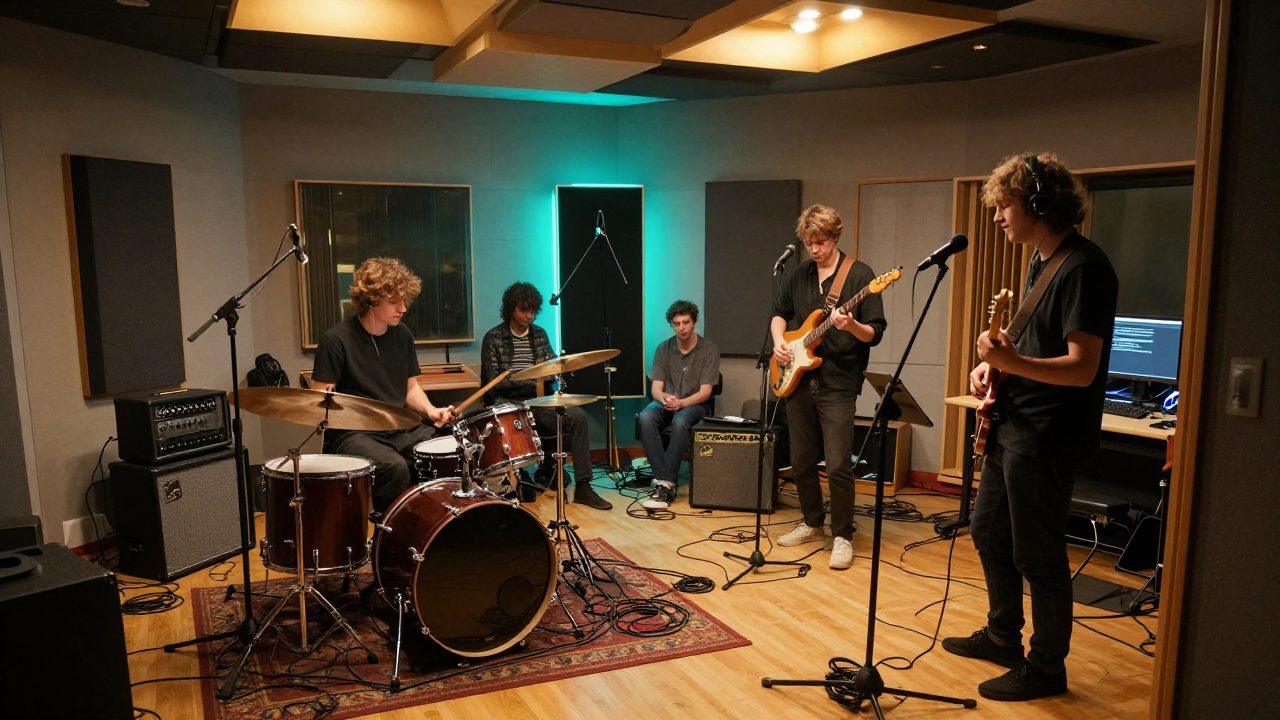 Band speelt live in de opnameruimte met versterkers en drums.