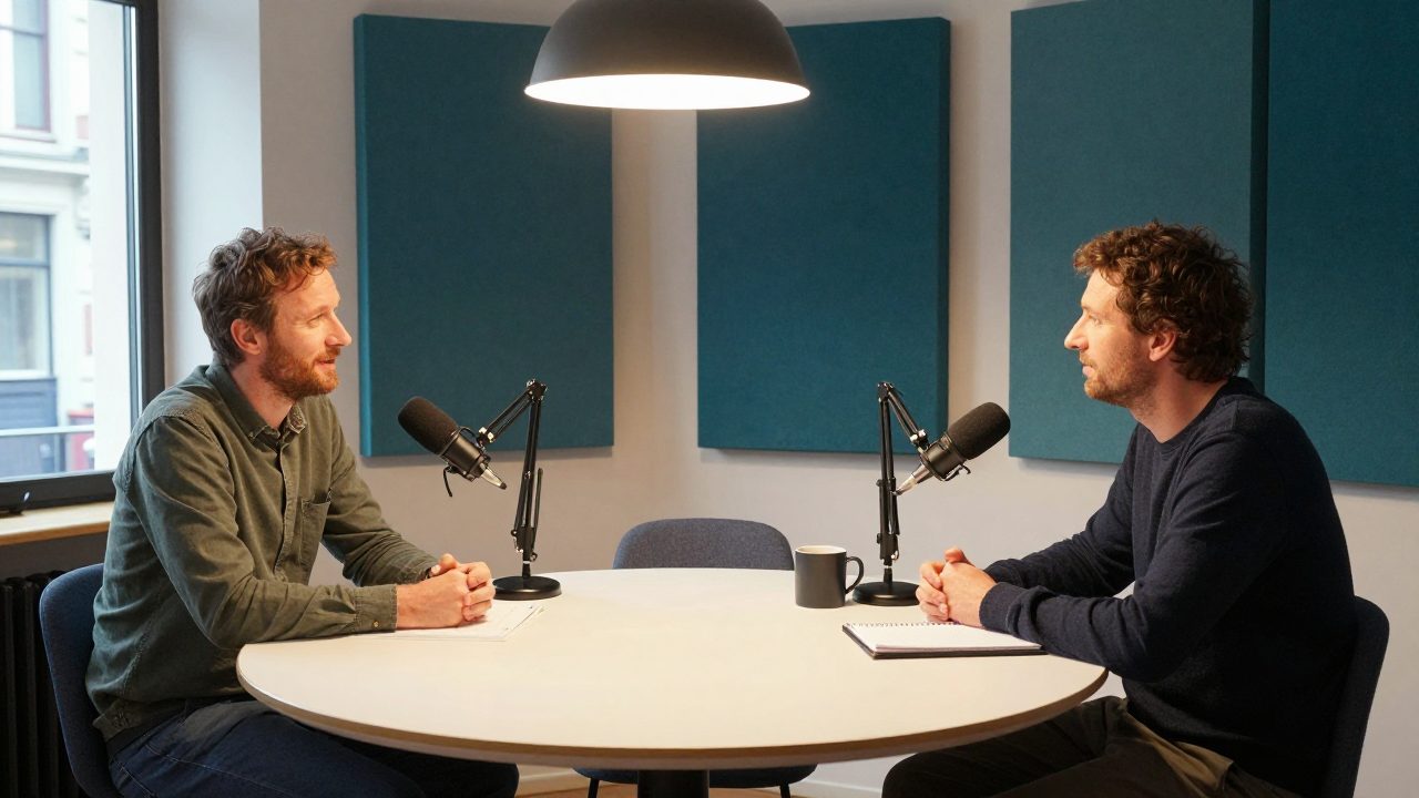 Twee podcasters aan tafel met microfoons en koptelefoons.