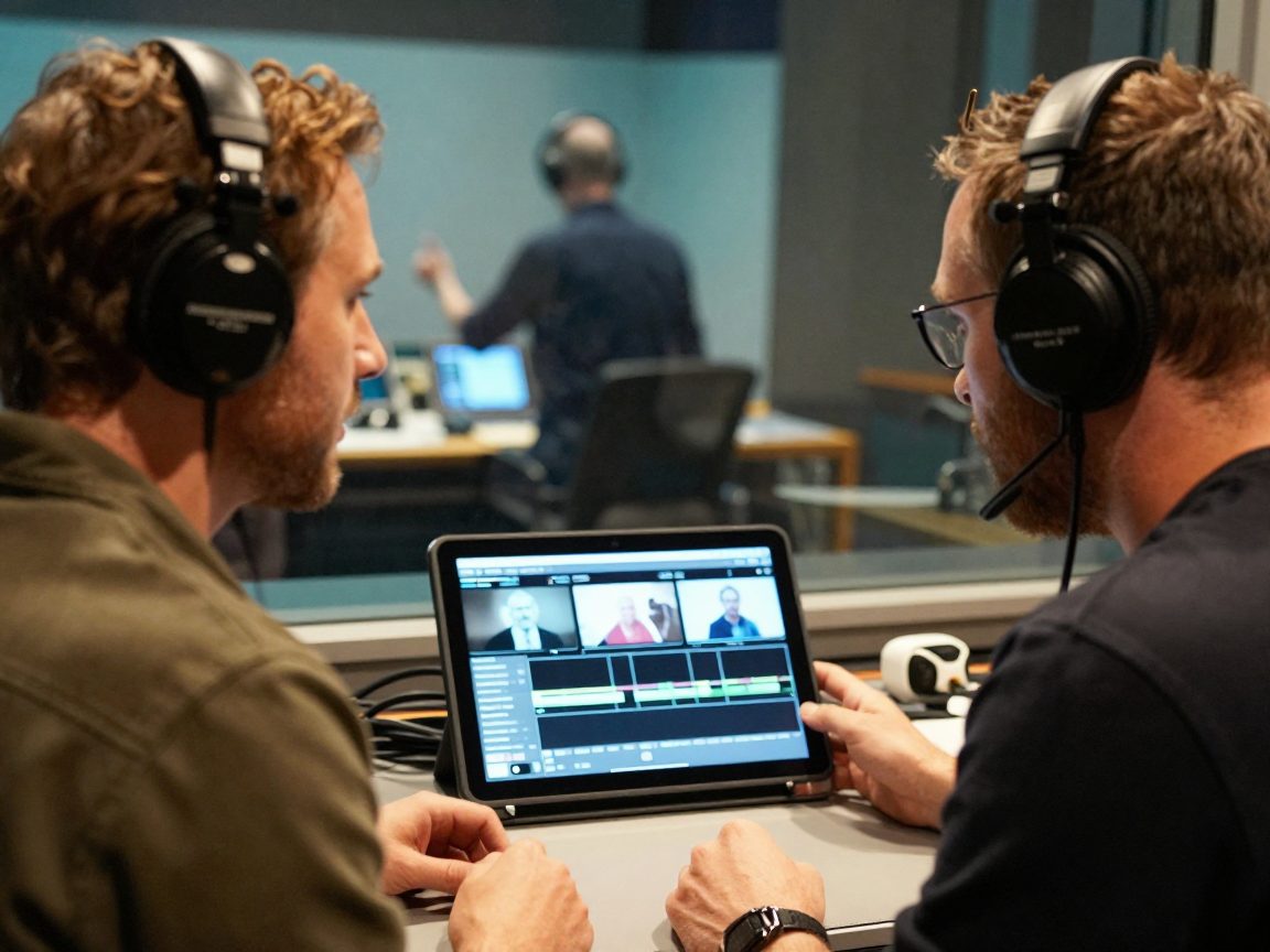 Voice-over artiest in cabine met engineer achter glas.